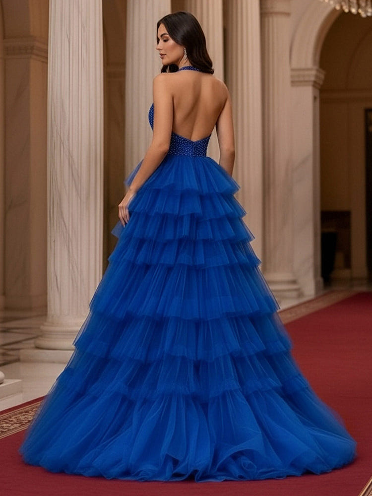 V Neck Tiered Tulle A Line Prom Dresses