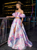 Satin Ball Gown Strapless Floral Prom Dresses