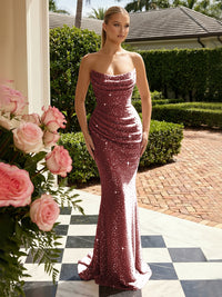 Sequin Mermaid Strapless Pleated Glitter Prom Dresses