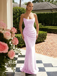 Sequin Mermaid Strapless Pleated Glitter Prom Dresses