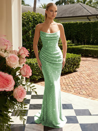 Sequin Mermaid Strapless Pleated Glitter Prom Dresses