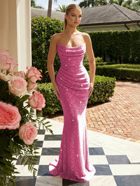 Sequin Mermaid Strapless Pleated Glitter Prom Dresses