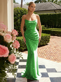 Sequin Mermaid Strapless Pleated Glitter Prom Dresses