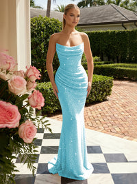 Sequin Mermaid Strapless Pleated Glitter Prom Dresses
