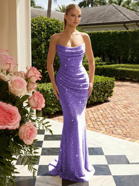 Sequin Mermaid Strapless Pleated Glitter Prom Dresses
