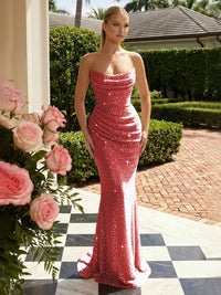Sequin Mermaid Strapless Pleated Glitter Prom Dresses