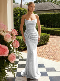 Sequin Mermaid Strapless Pleated Glitter Prom Dresses