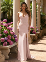 V Neck Mermaid Evening Dresses Corset Long Formal Dresses with Slit