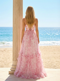 Spaghetti Straps Floral Print Tulle Prom Dresses with Bow