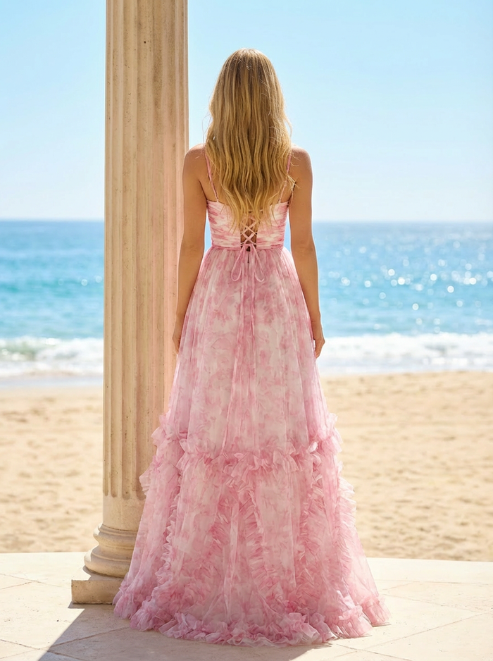 Spaghetti Straps Floral Print Tulle Prom Dresses with Bow