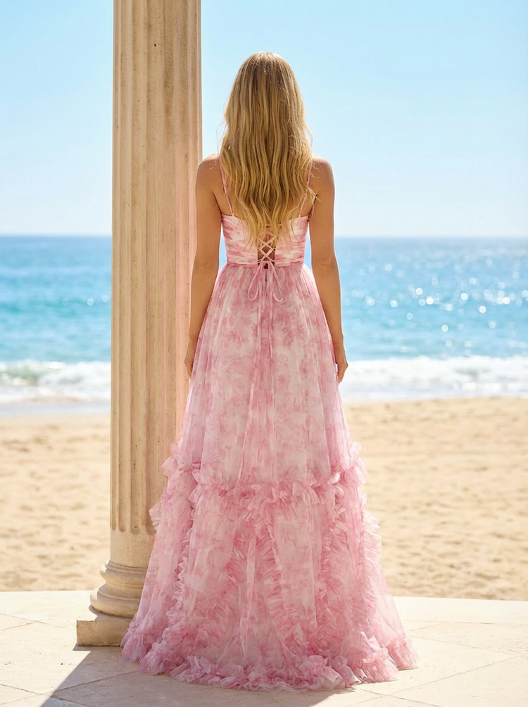 Spaghetti Straps Floral Print Tulle Prom Dresses with Bow