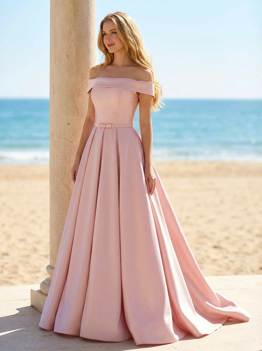 Satin Off the Shoulder Pleated Evening Dresses
