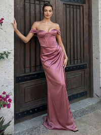 Off the Shoulder Satin Mermaid Formal Dresses with Slit