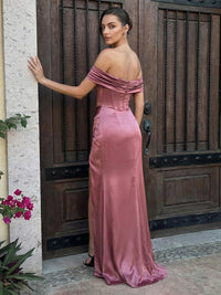 Off the Shoulder Satin Mermaid Formal Dresses with Slit