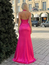 Halter Satin Sweetheart Mermaid Prom Dresses with Slit