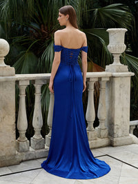 Off the Shoulder Satin Lace Sweetheart Mermaid Evening Dresses with Slit