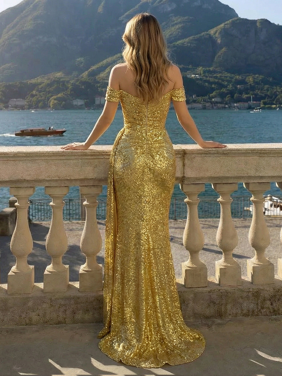Off the Shoulder Sequin Mermaid Evening Dresses with Slit