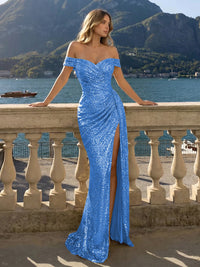 Off the Shoulder Sequin Mermaid Evening Dresses with Slit
