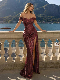 Off the Shoulder Sequin Mermaid Evening Dresses with Slit