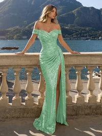 Off the Shoulder Sequin Mermaid Evening Dresses with Slit
