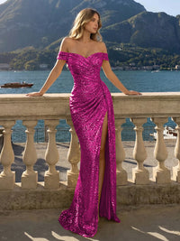 Off the Shoulder Sequin Mermaid Evening Dresses with Slit