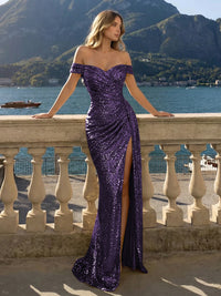 Off the Shoulder Sequin Mermaid Evening Dresses with Slit