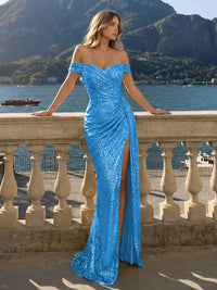 Off the Shoulder Sequin Mermaid Evening Dresses with Slit