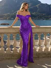 Off the Shoulder Sequin Mermaid Evening Dresses with Slit