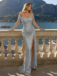 Off the Shoulder Sequin Mermaid Evening Dresses with Slit