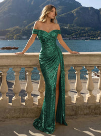 Off the Shoulder Sequin Mermaid Evening Dresses with Slit