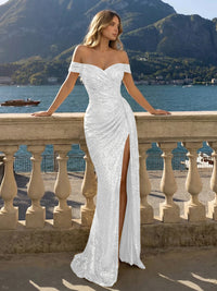 Off the Shoulder Sequin Mermaid Evening Dresses with Slit