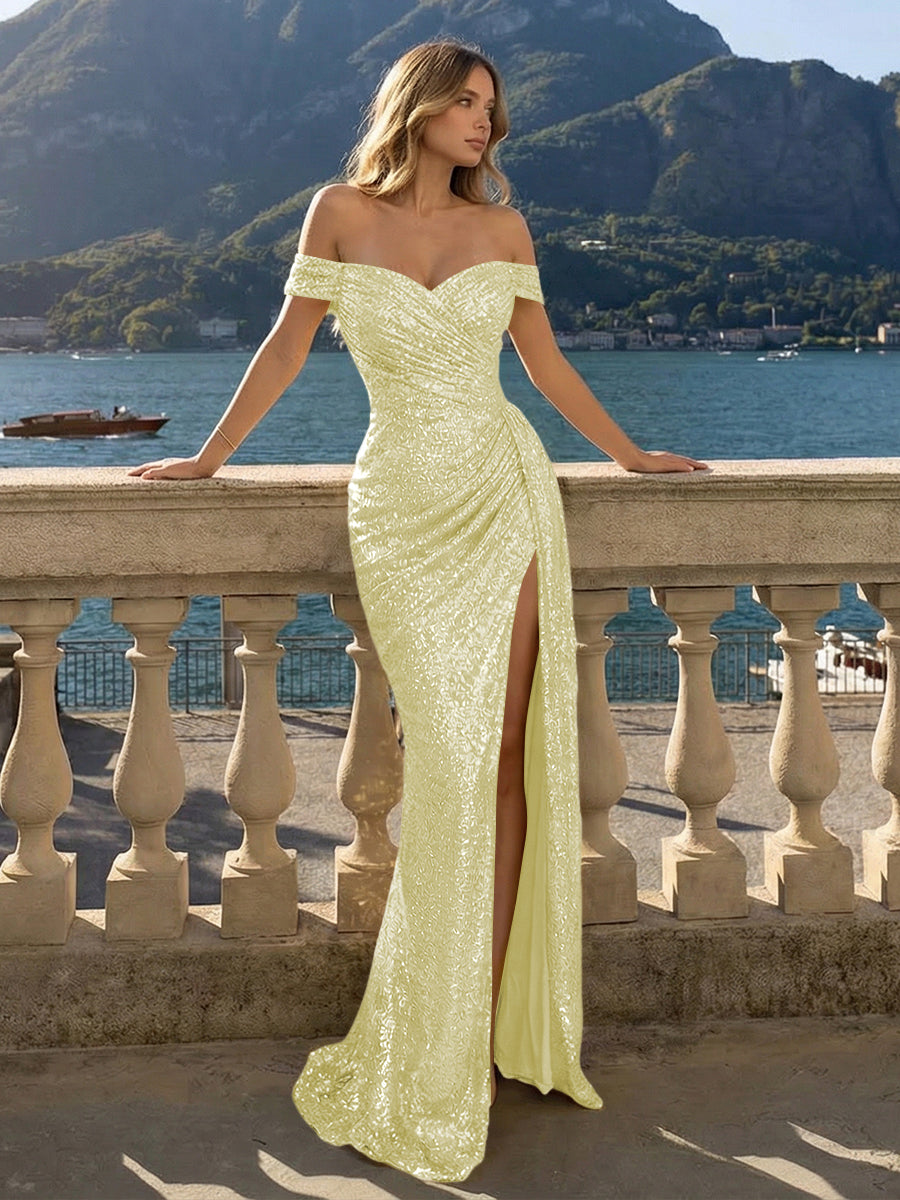 Off the Shoulder Sequin Mermaid Evening Dresses with Slit