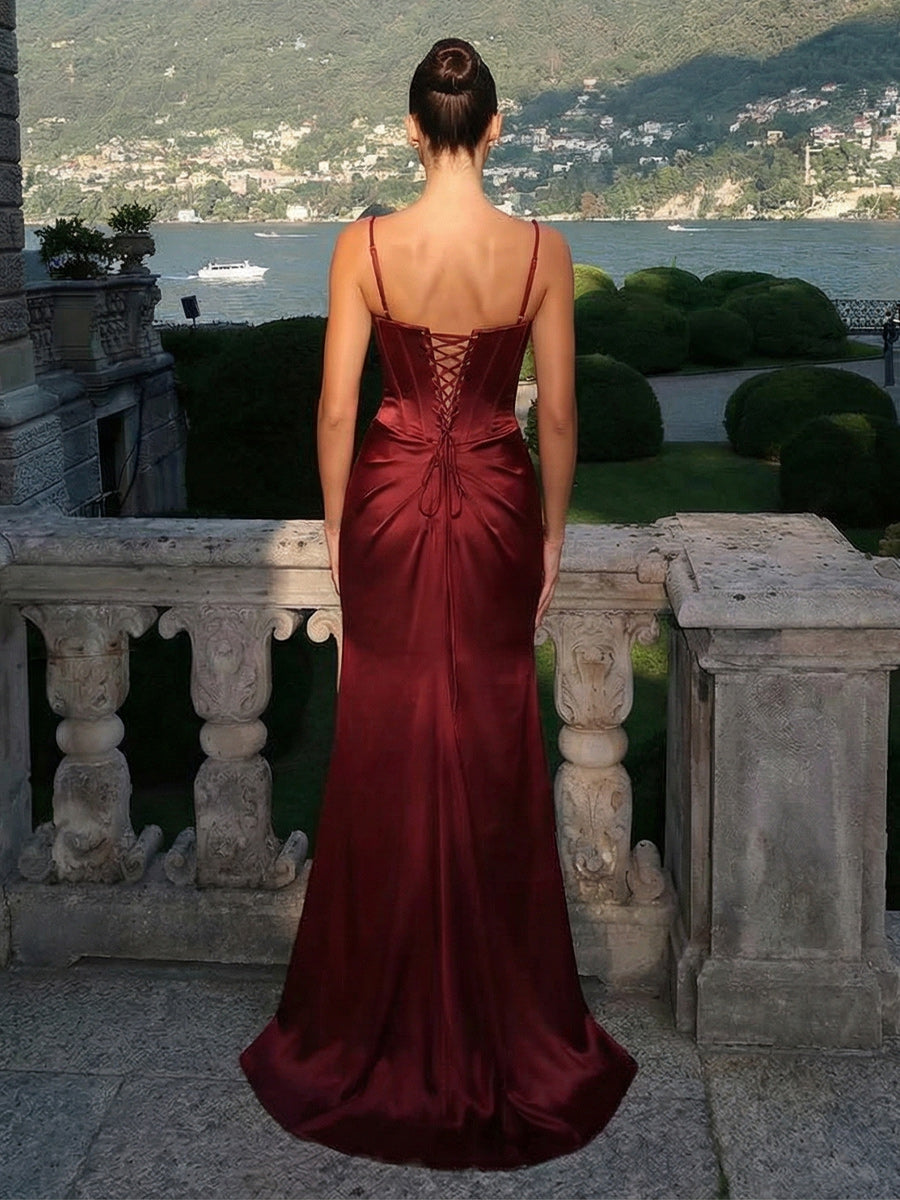 Spaghetti Straps Satin Mermaid Formal Dresses with Slit