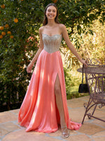 Dedicated Strapless Satin Sweetheart A Line Evening Dresses with Slit