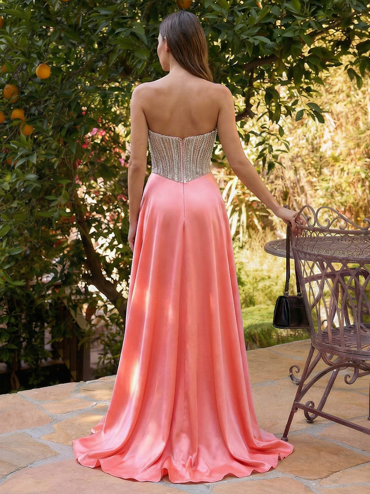 Dedicated Strapless Satin Sweetheart A Line Evening Dresses with Slit