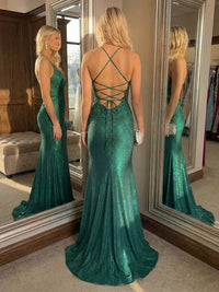Spaghetti Straps Lace Appliques Satin Prom Dresses