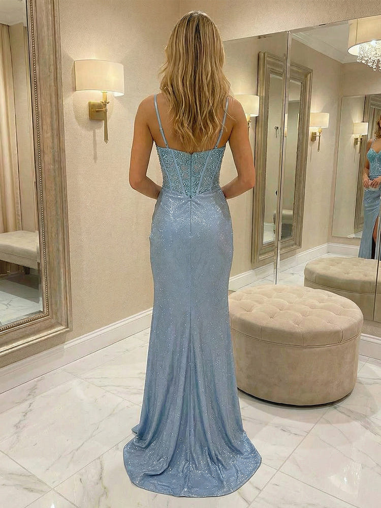 Spaghetti Straps Lace Appliques Sweetheart Prom Dresses with Slit