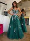 Spaghetti Straps Lace Appliques A Line Prom Dresses