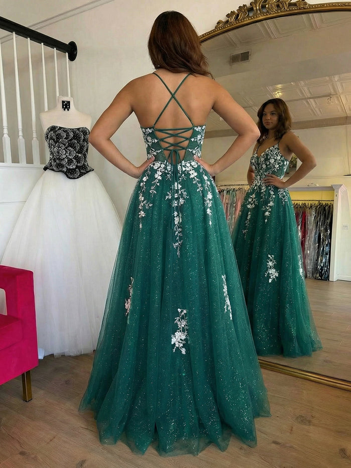 Spaghetti Straps Lace Appliques A Line Prom Dresses