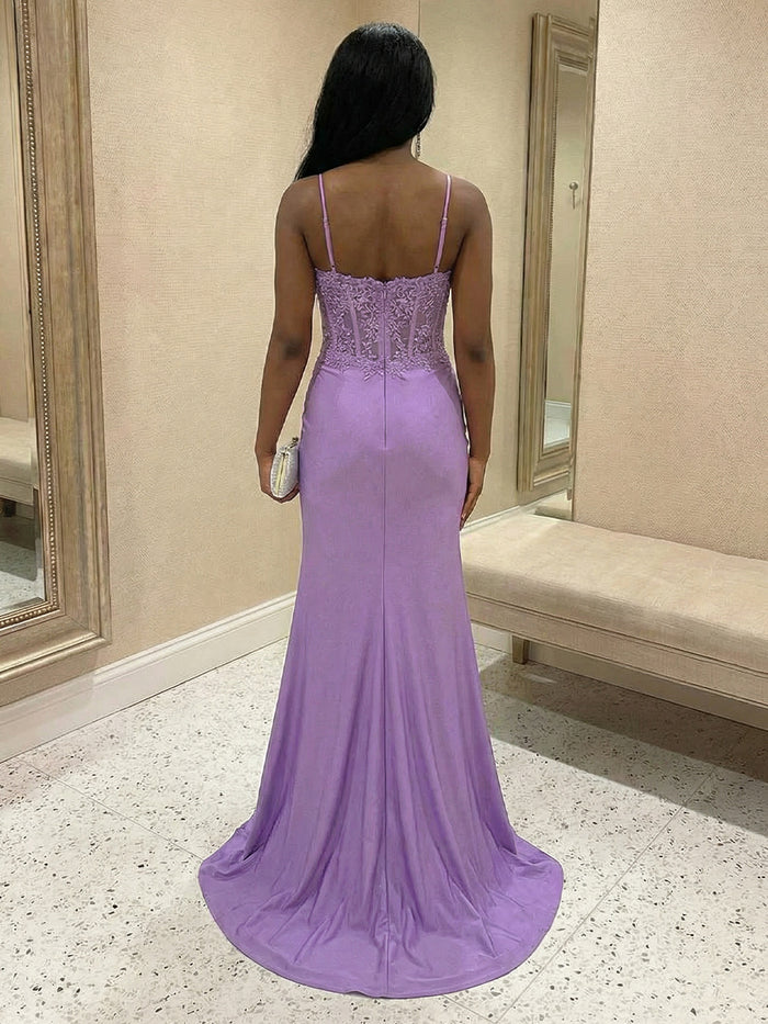 Spaghetti Straps Lace Appliques V Neck Prom Dresses with Slit