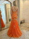 Spaghetti Straps Lace Appliques V Neck Prom Dresses