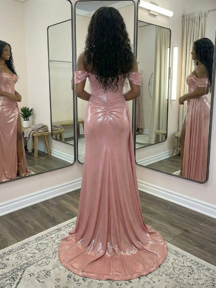 Off the Shoulder Mermaid Satin Long Evening Dresses with Slit