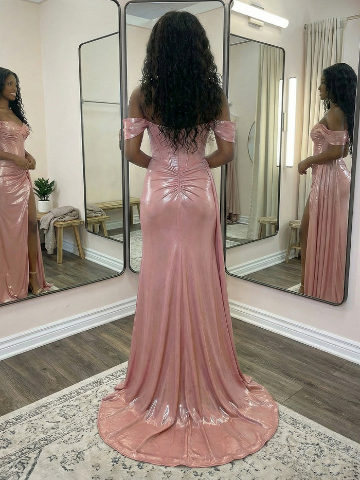 Off the Shoulder Satin Prom Dresses with Slit