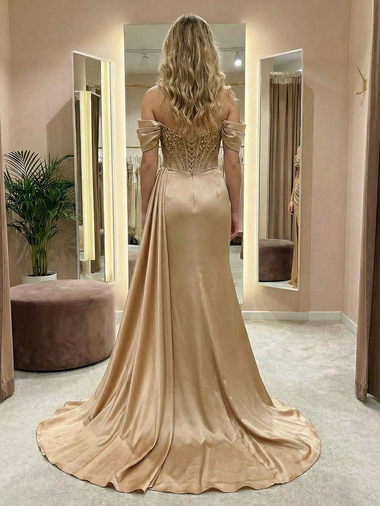 Satin Beaded Off the Shoulder Mermaid Formal Dresses with Slit