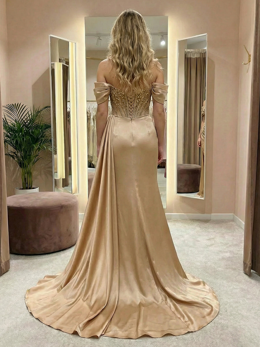 Satin Beaded Off the Shoulder Mermaid Formal Dresses with Slit