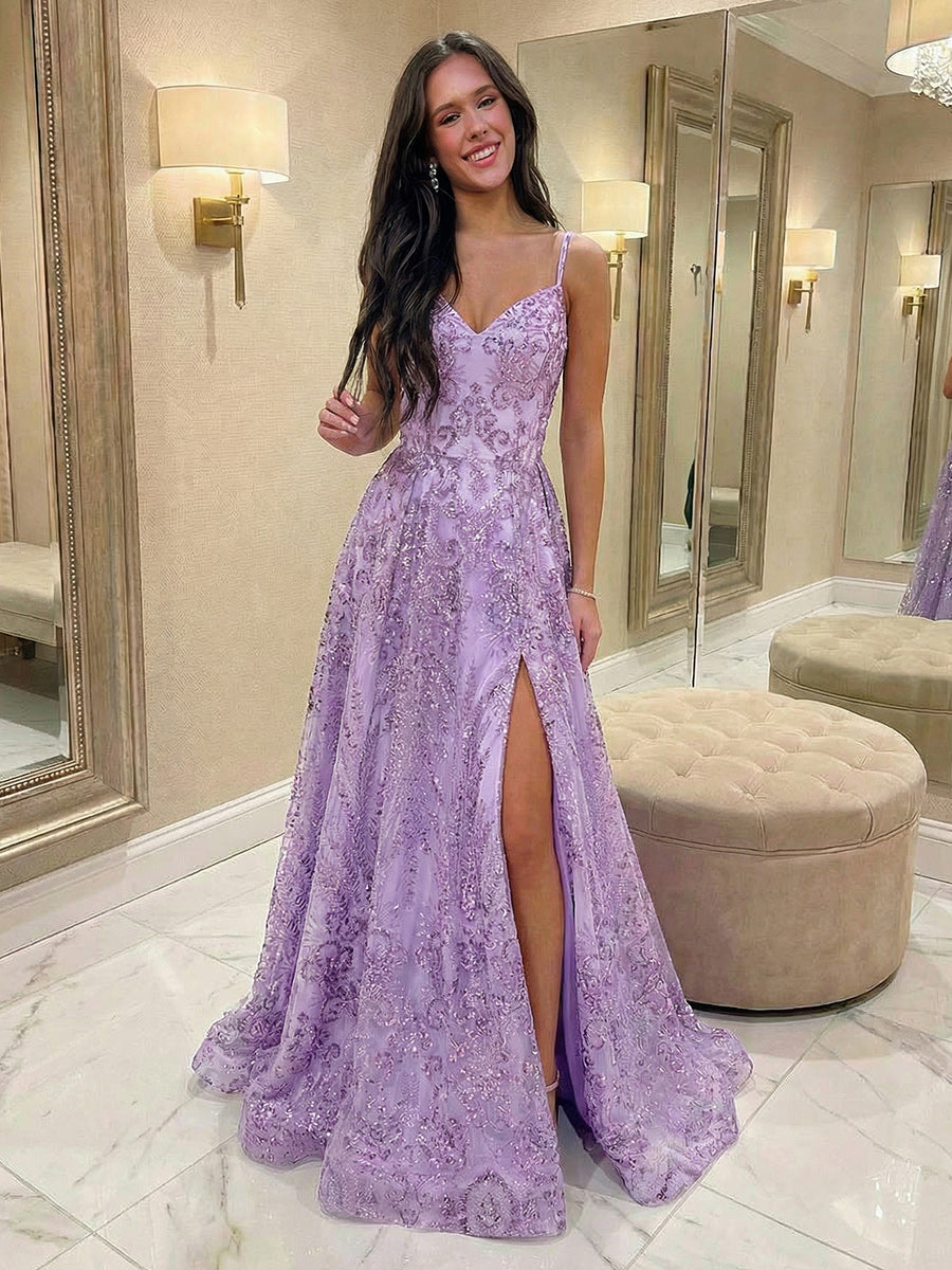 Spaghetti Straps Tulle V Neck Prom Dresses with Slit