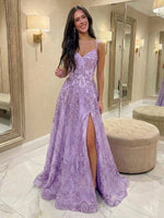 Spaghetti Straps Tulle V Neck Prom Dresses with Slit