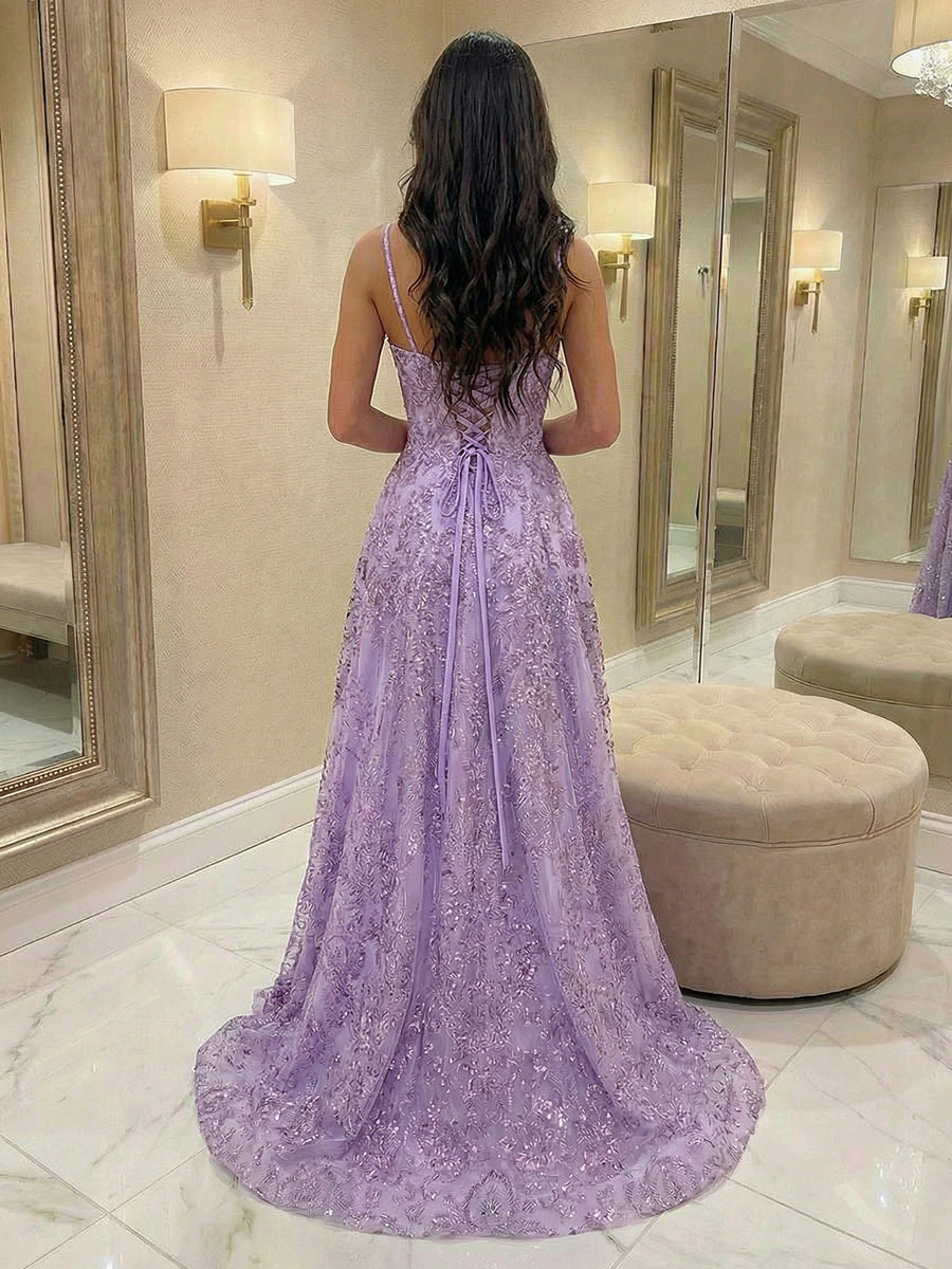 Spaghetti Straps Tulle V Neck Prom Dresses with Slit
