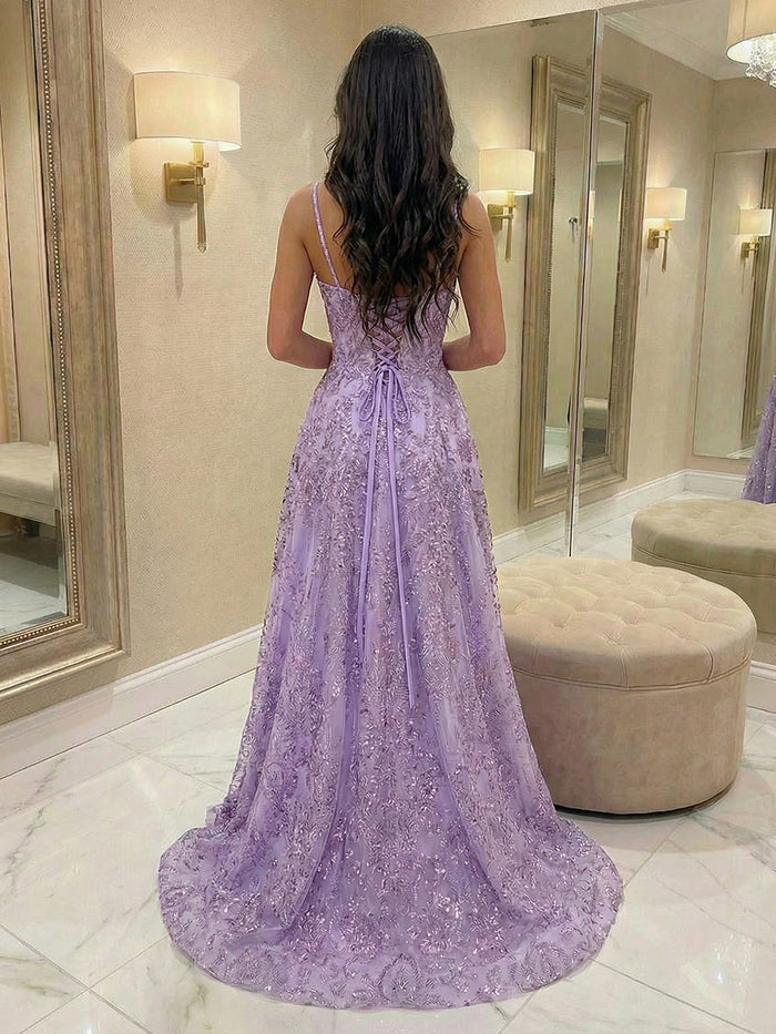 Spaghetti Straps Tulle V Neck Prom Dresses with Slit