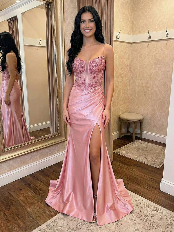 Spaghetti Straps Satin Mermaid Prom Dresses with Slit